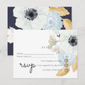 Navy White Gold Floral Wedding Budget RSVP Uitnodiging Briefkaart (Voorkant / Achterkant)
