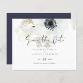 Navy White Gold Floral Wedding Save Date Budget (Voorkant / Achterkant)