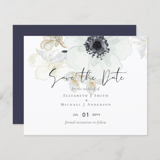 Navy White Gold Floral Wedding Save Date Budget (Voorkant / Achterkant)