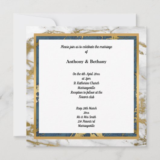 NAVY WHITE GOLD MARBLE WEDING KAART (Voorkant)