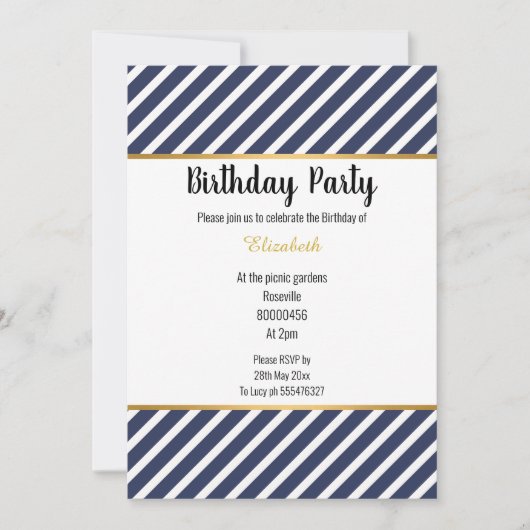 NAVY WHITE GOLD STRIPED PATTERNED BIRTHDAY KAART (Voorkant)