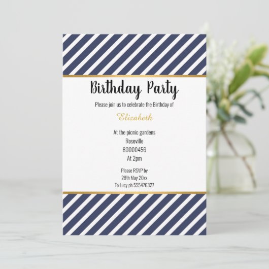NAVY WHITE GOLD STRIPED PATTERNED BIRTHDAY KAART (Staand voorkant)