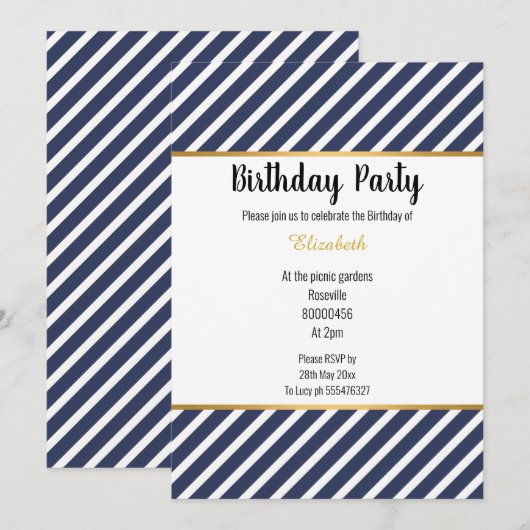 NAVY WHITE GOLD STRIPED PATTERNED BIRTHDAY KAART (Voorkant / Achterkant)