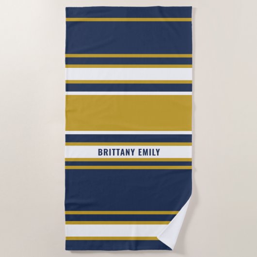 Navy White Gold Stripes Patroon Gepersonaliseerd Strandlaken (Voorkant)