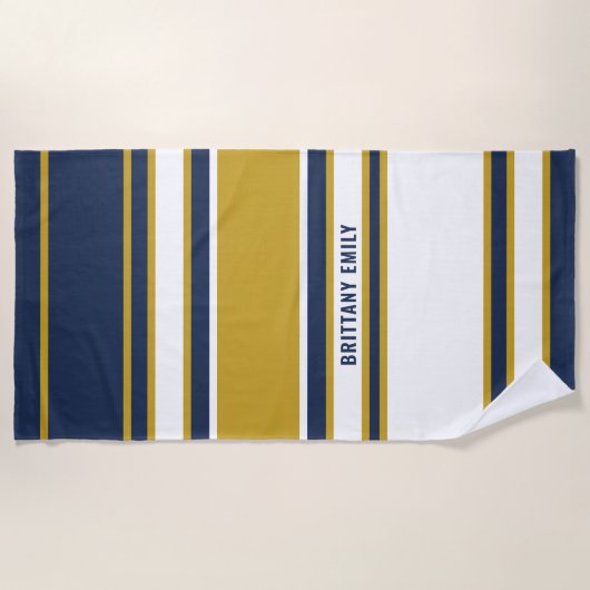 Navy White Gold Stripes Patroon Gepersonaliseerd Strandlaken (Voorkant)