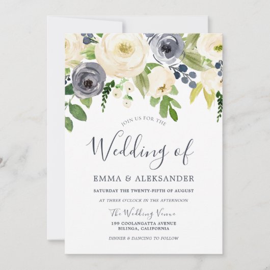 Navy & White Gorgood Flowers Modern Wedding Kaart (Voorkant)