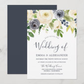 Navy & White Gorgood Flowers Modern Wedding Kaart (Voorkant / Achterkant)