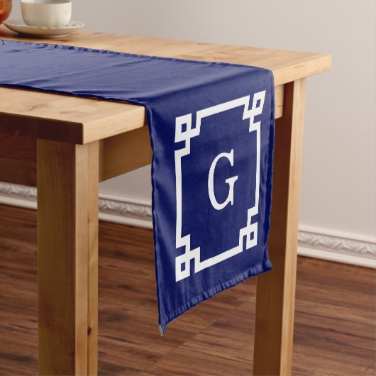 Navy White Greek Key Lijst #2 Initiaal Monogram Korte Tafelloper (Voorbeeld)