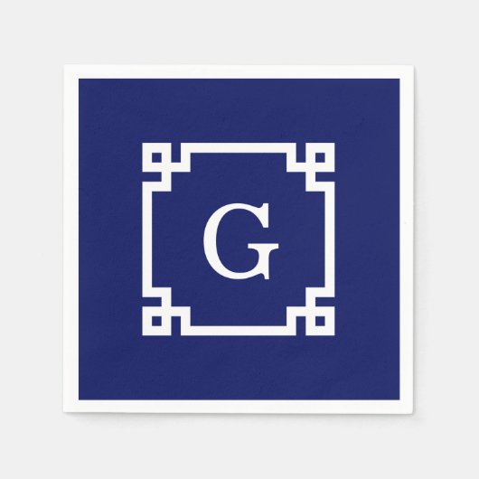 Navy White Greek Key Lijst #2 Initiaal Monogram Servet (Voorkant)