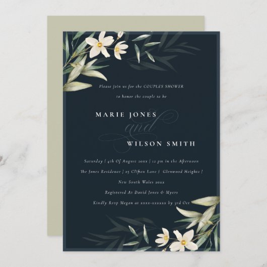 Navy White Greenery Floral Couples Shower Invite Bedankkaart (Voorkant / Achterkant)