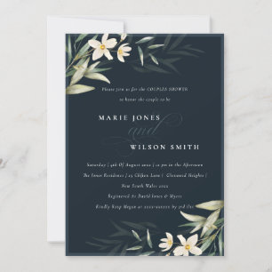 Navy White Greenery Floral Couples Shower Invite Bedankkaart