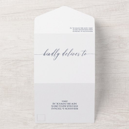 Navy White Greenery Monogrammed Wedding All In One Uitnodiging (Buitenkant)