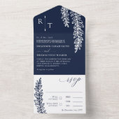 Navy White Greenery Monogrammed Wedding All In One Uitnodiging (Binnen)