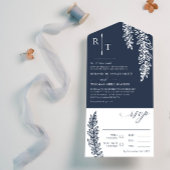 Navy White Greenery Monogrammed Wedding All In One Uitnodiging