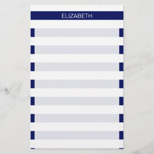 Navy White Horizontal Preppy Stripe Name Monogram Briefpapier