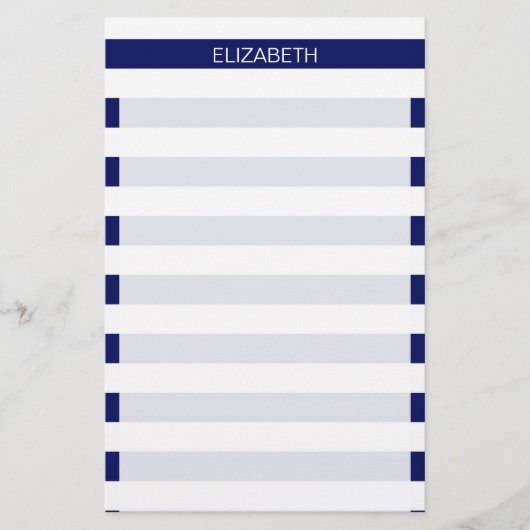 Navy White Horizontal Preppy Stripe Name Monogram Briefpapier (Voorkant)