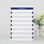 Navy White Horizontal Preppy Stripe Name Monogram Briefpapier (Staand voorkant)