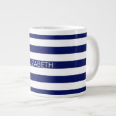 Navy White Horizontal Preppy Stripe Name Monogram Grote Koffiekop (Voorkant rechts)