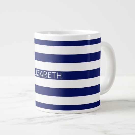 Navy White Horizontal Preppy Stripe Name Monogram Grote Koffiekop (Voorkant rechts)