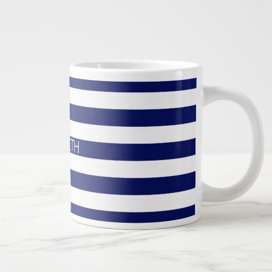 Navy White Horizontal Preppy Stripe Name Monogram Grote Koffiekop (Rechts)
