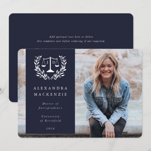 Navy + White JD Law Scales Laurel WreatPhoto Aankondiging (Voorkant / Achterkant)