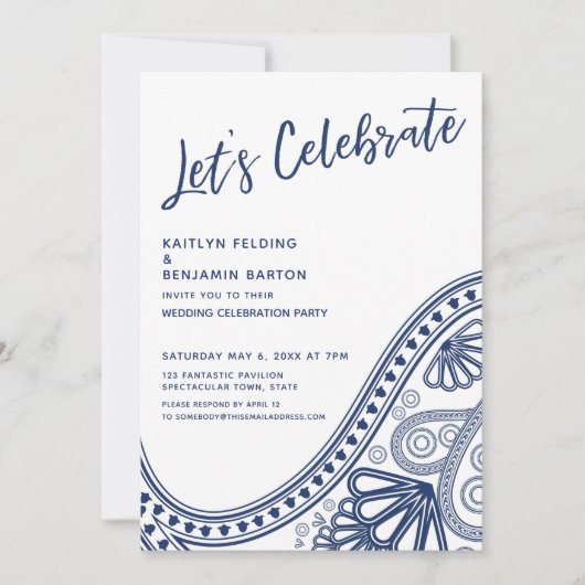 Navy White Laten we Paisley Reception-Only vieren Kaart (Voorkant)