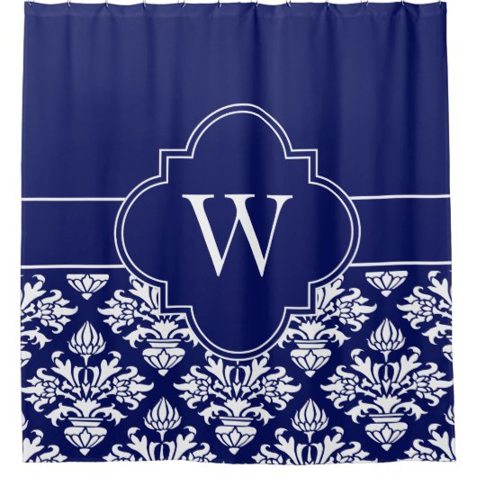 Navy White LG Damask #3 1ICBR Navy Monogram Douchegordijn (Voorkant)