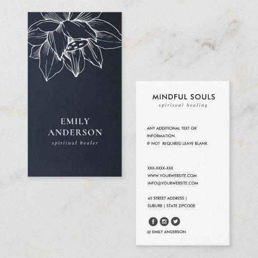 NAVY WHITE LOTUS SIMPLE REIKI SPIRITUELE HEALER VISITEKAARTJE (Voorkant / Achterkant)