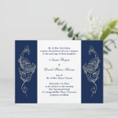 Navy & White Mehndi Pauw Huwelijksuitnodiging Kaart (Staand voorkant)