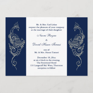Navy & White Mehndi Pauw Huwelijksuitnodiging Kaart