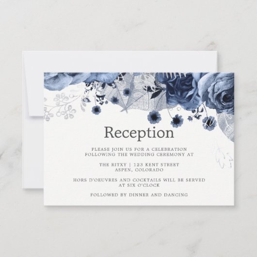 Navy & White met Silver Floral Wedding Reception Kaart (Voorkant)