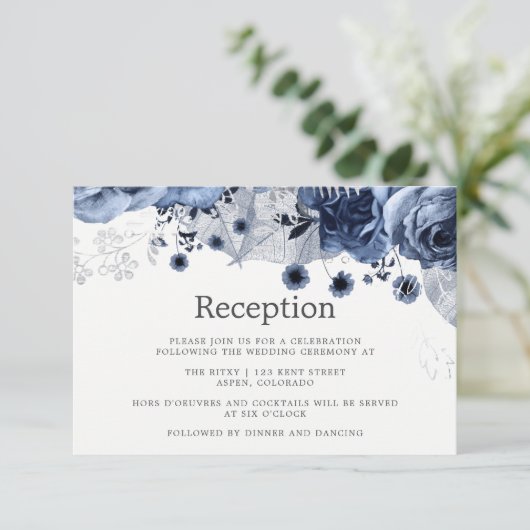 Navy & White met Silver Floral Wedding Reception Kaart (Staand voorkant)