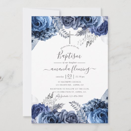 Navy & White met Silver Foil Floral Baptisme Kaart (Voorkant)