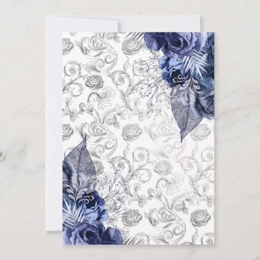 Navy & White met Silver Foil Floral Baptisme Kaart (Achterkant)