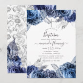 Navy & White met Silver Foil Floral Baptisme Kaart (Voorkant / Achterkant)