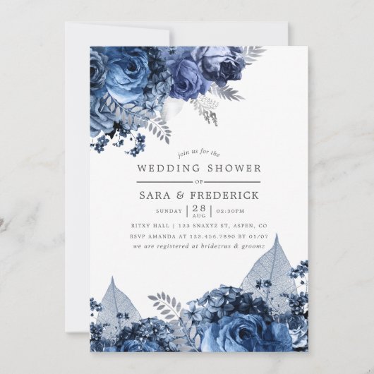 Navy & White met Silver Foil Wedding Shower Kaart (Voorkant)