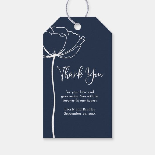 Navy White Minimal Floral Moderne bruiloft Dank u Cadeaulabel (Voorkant)