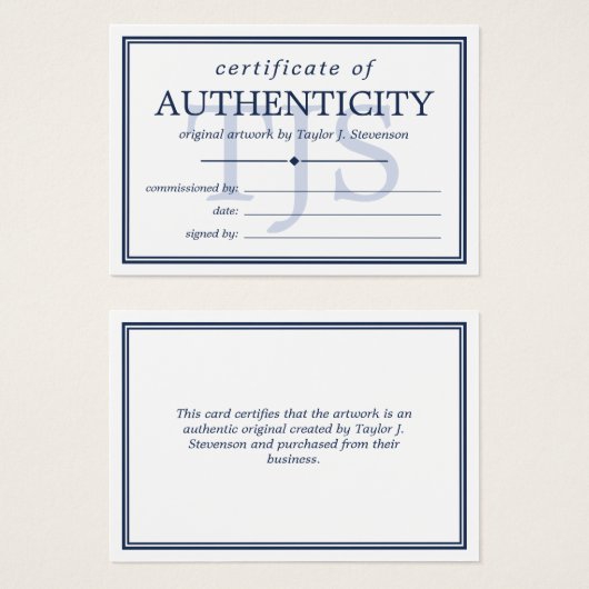 Navy White Monogram Certificate of Authenticity Visitekaartje (Voorkant /achterkant)
