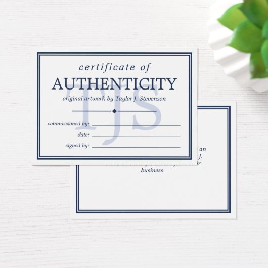 Navy White Monogram Certificate of Authenticity Visitekaartje (Bureau)