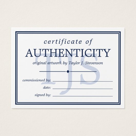 Navy White Monogram Certificate of Authenticity Visitekaartje (Voorkant)