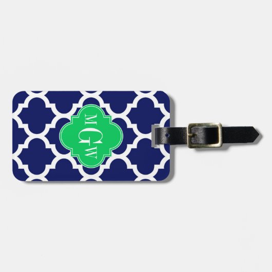Navy White Moroccan #5 Emerald 3 Initiaal monogram Bagagelabel (Voorkant horizontaal)