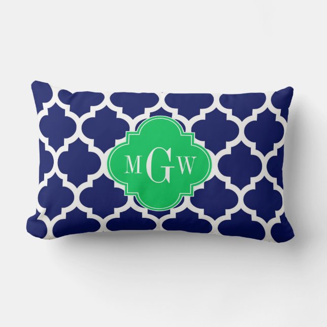 Navy White Moroccan #5 Emerald 3 Initiaal monogram Kussen (Voorkant)
