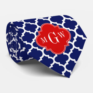 Navy White Moroccan #5 Red 3 Initiaal monogram Stropdas
