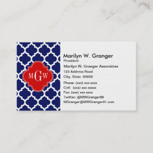 Navy White Moroccan #5 Red 3 Initiaal monogram Visitekaartje