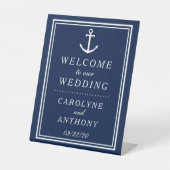 Navy & White Nautical Anchor Wedding Welkom Reclamebord Met Voetstuk (Voorkant)