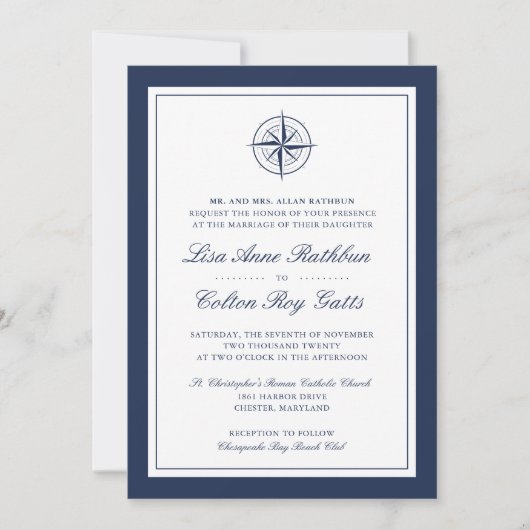 Navy & White Nautical Compass Wedding Kaart (Voorkant)