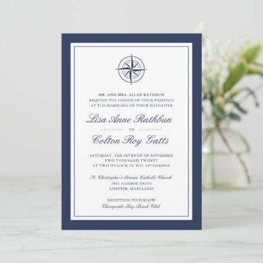 Navy & White Nautical Compass Wedding Kaart (Staand voorkant)