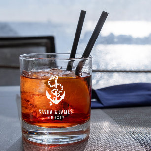 Navy & White Nautical Rope & Anchor Wedding Favor Whisky Glas