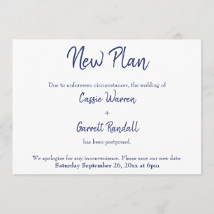 Navy White New Date Postponed Wedding Notice Kaart