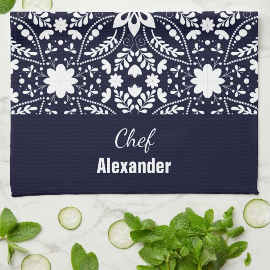 Navy White Nordic Folk Floral Pattern Theedoek (Gevouwen)